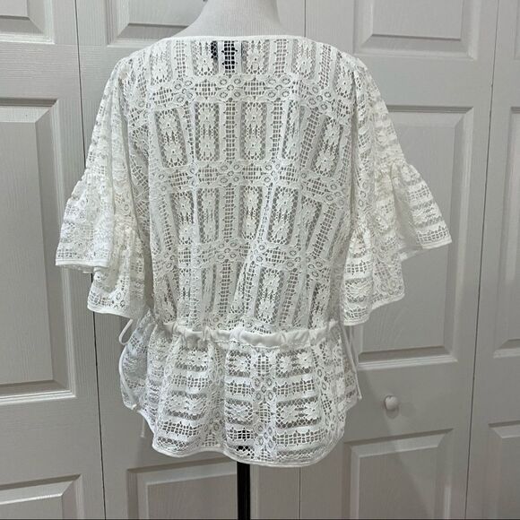 ANA A New Approach White Lace Ruffle Sleeve Sheer Peplum Top Blouse - Picture 6 of 11